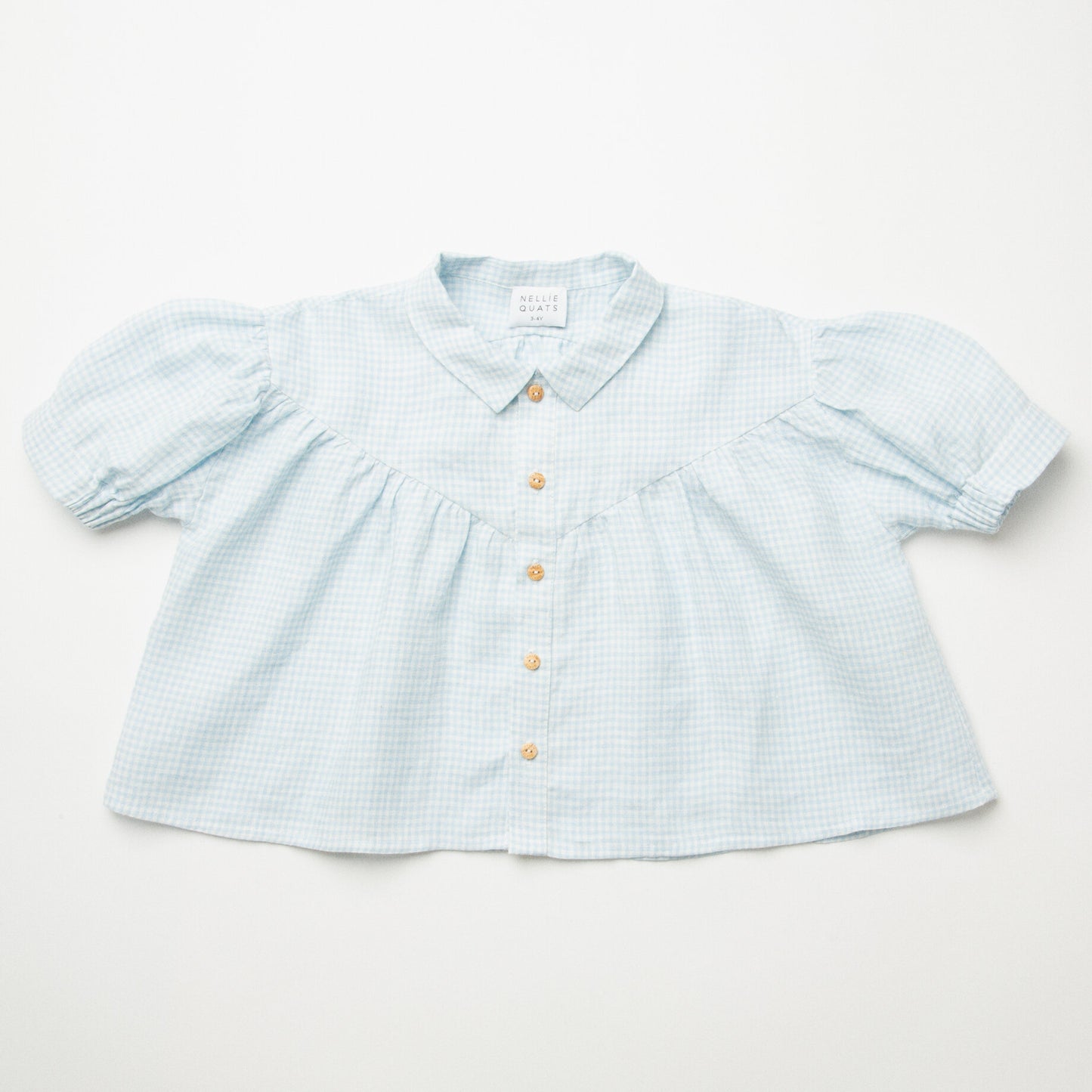 Duck, Duck, Goose Blouse | Baby Blue & Milk Mini Check Linen in 18/24M