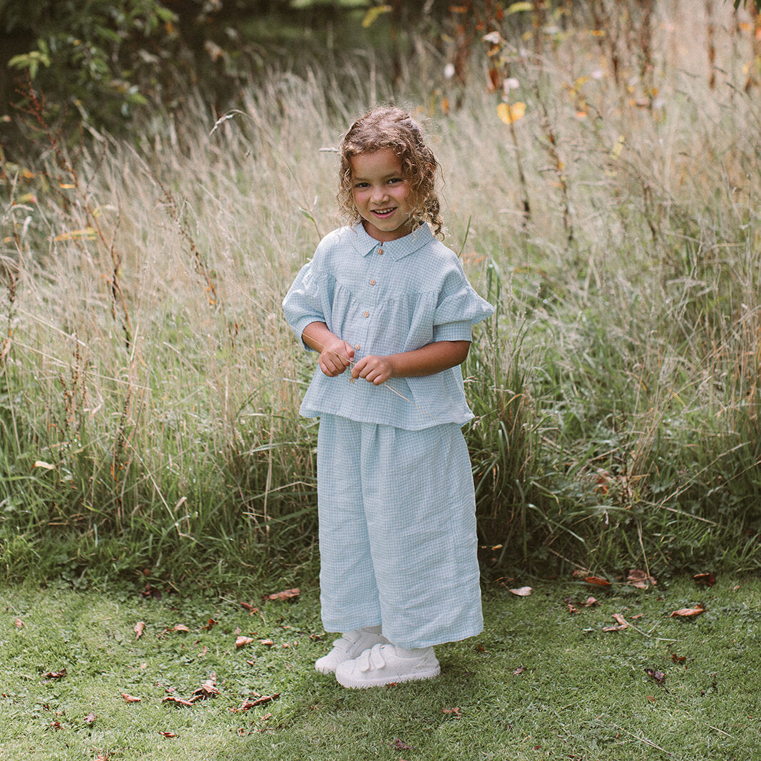 Duck, Duck, Goose Blouse | Baby Blue & Milk Mini Check Linen in 18/24M