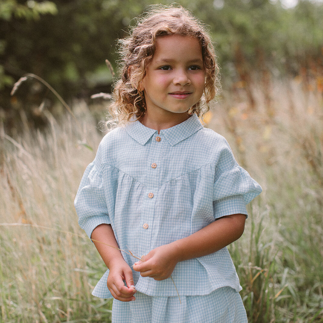 Duck, Duck, Goose Blouse | Baby Blue & Milk Mini Check Linen in 18/24M