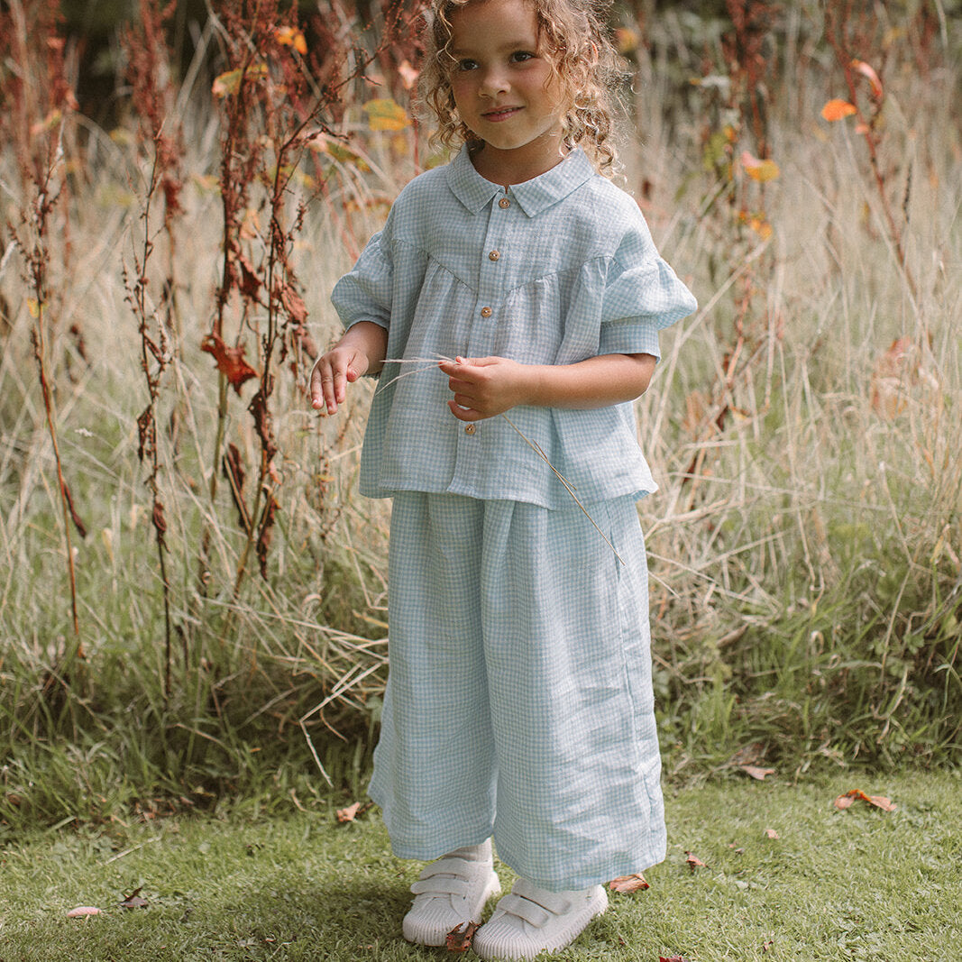 Duck, Duck, Goose Blouse | Baby Blue & Milk Mini Check Linen in 18/24M